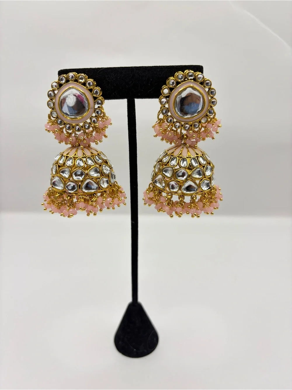 Gold Kundan Jhumka Earrings with Pink Beads - Women Jewelry